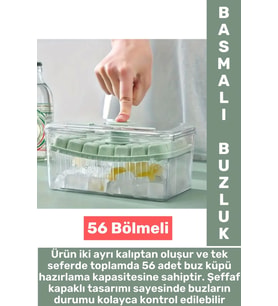 Dayanıklı Sert Plastik Zahmetsiz BPA İçermez Şeffaf Kapaklı Hazneli 56 Bölmeli Basmalı Pratik Buzluk (Çok Renkli)