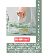 Dayanıklı Sert Plastik Zahmetsiz BPA İçermez Şeffaf Kapaklı Hazneli 56 Bölmeli Basmalı Pratik Buzluk (Çok Renkli)