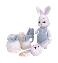 Amigurumi Tavşan Pamuk Set - Tavşan/Diş Kaşıyıcı/Çıngırak/Patik - Anatoya (Mavi)