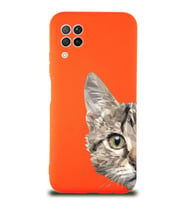 Huawei P 40 Lite Uyumlu Lansman Kılıf Catface Tasarımlı İçi Kadife Kapak-Turuncu (Şeffaf)