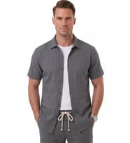 DeepSEA Beyaz Slim Fit Çizgi Dokulu Keten Görünümlü Kısa Kol Erkek Spor Gömlek 2602648