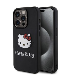 Apple iPhone 15 Pro Uyumlu Kılıf Hello Kitty Orjinal Lisanslı Yazı ve İkonik Logolu 3D Rubber Kitty Head Kapak (Siyah)