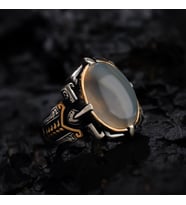 Oval Ay Taşlı Tasarım 925 Ayar Gümüş Erkek Yüzük