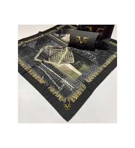 Ethnic Desen Black Seri Twill Eşarp Eşarp Askısı ile Birlikte 90x90 cm Füme Krem
