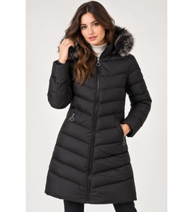 Dewberry Kadın %100 Polyester Kürklü Kapüşonlu Kaban Siyah Z9690 Katmanlı Kombin, Günlük Giyim, Şehir Stili