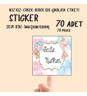 İkiz Erkek Kız Bebek Çikolata ve Süs Etiketi 70 Adet Yapışkanlı