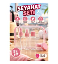 5’li Seyahat Kozmetik Şişe ve Kap Seti – 30 ml, Şeffaf Taşıma Çantalı