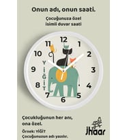 İsme Özel Sevimli Hayvanlar Çocuk Odası Duvar Saati Orta Boy 30 cm Beyaz Camlı Sessiz