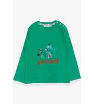 Breeze Erkek Bebek Uzun Kollu Tişört Dinozor Nakışlı 9 Ay-3 Yaş, Yeşil