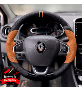 Renault Captur 1 Dikme Direksiyon Kılıfı Delikli Deri Parlak Siyah Taba Detay Çift Yüzük ve Dikiş 2013-2019