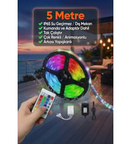 5 Metre RGB LED Şerit Işık IP65 Dış Mekan Su Geçirmez Kumandalı Adaptör Dahil Çok Renkli Animasyonlu