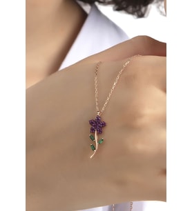 Kadın Orjinal 925 Ayar Gümüş Baget Zirkon Taşlı Çicek Model Kolye (Rose)