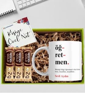 Öğretmen Temalı Kişiye Özel İsimli Kupa Bardak Nescafe Gold Kahve Hediye Seti