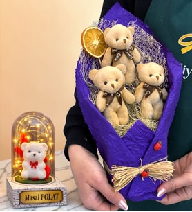 Peluş Ayıcık Buketi ve Kişiye Özel Led Işıklı Beyaz Ayıcıklı Fanus
