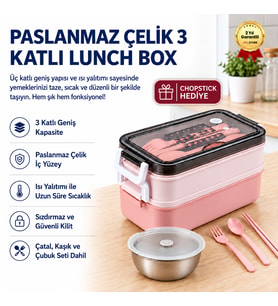 Pembe Paslanmaz Çelik 3 Katlı Yemek Taşıma Kabı Isı Yalıtımlı Lunch Box