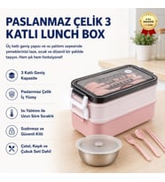 Pembe Paslanmaz Çelik 3 Katlı Yemek Taşıma Kabı Isı Yalıtımlı Lunch Box