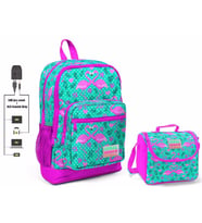 Coral High Yeşil Flamingo Baskılı Okul Çantası ve Beslenme Çantası Seti - Kız Çocuk - USB Soketli