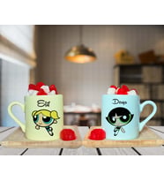Power Puff Bubbless & Buttercup Arkadaş Çift Tasarımlı Sarı & Yeşil Ahşap Tabaklı Kişiye Özel Türk Kahvesi Fincanı Seti