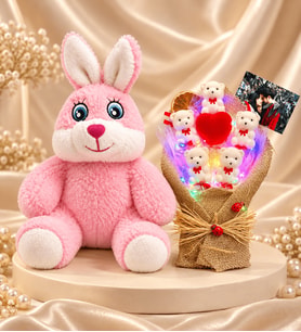 Kişiye Özel Fotoğraflı Renkli LED Işıklı Ayıcık Buketi ve Pembe Peluş Tavşan