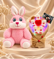 Kişiye Özel Fotoğraflı Renkli LED Işıklı Ayıcık Buketi ve Pembe Peluş Tavşan
