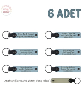 Gök Mavi & Sütlü Kahve, Evlilik Yıldönümü Hediyesi, İsme Özel, 6'lı Hatıra Deri Anahtarlık Set (Gök Mavisi)