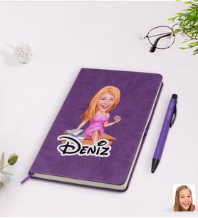 BK Gift Kişiye Özel Kadın Patron Karikatürlü Mor Termo Deri Defter Kalem Seti Model 7