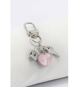 Gümüş Renkli Metal Kilit ve Anahtar Pembe Kalp Klipsli Cüzdan Süsü Charm Çanta Süsü Anahtarlık
