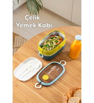 Porsima 66729 Stainless Steel Vakumlu Lunch Box İki Katlı Paslanmaz Çelik Kolay Kilitlenir Kendinden Kaşıklı Sefer Tası – 1300ml Mavi-Sarı