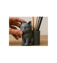 Alvera Kedi Figürlü Kalemlik – 3D Baskı Masaüstü Organizer - Gri