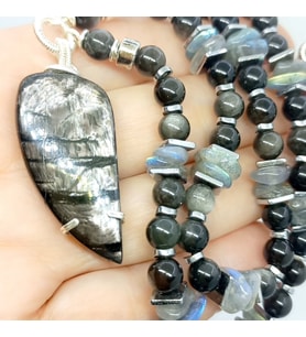 2223 Hypersthene gümüş Obsidyen Labradorit el yapımı kolye
