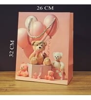 Ayıcık Desenli Pembe Büyük Boy Karton Hediye Çantası