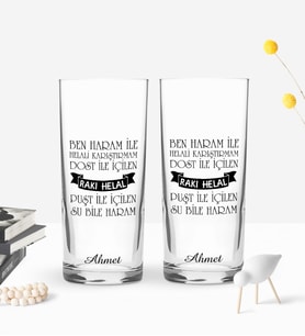 BK Gift Kişiye Özel Renkli Baskılı Haram İle Helali Karıştırmam Tasarımlı İkili Rakı Bardağı Seti-1 (Beyaz)