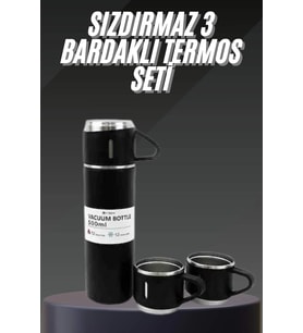 Termos Seti Paslanmaz Çelik 3 Bardaklı Vakumlu Termos Set 500 Ml 12 Saate Kadar Isı Koruma