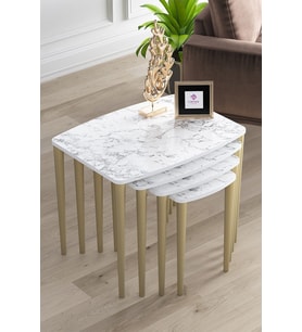 Üst Kalite Mdf 4lü Zigon Sehpa Takımı Beyaz Mermer Desenli Gold