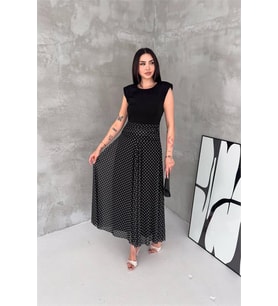 Neşeli butik kadın siyah puantiye desen etek detaylı midi boy elbise NBK4609