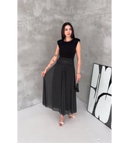 Neşeli butik kadın siyah puantiye desen etek detaylı midi boy elbise NBK4609