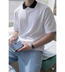 Erkek Kolej Yaka Tişört Kontrast Detaylı Casual Regular Polo Yaka T-shirt