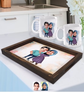 BK Gift Kişiye Özel Sevgililer Karikatürlü Doğal Ahşap Tepsi ve 2’li Kupa Bardak Seti-61