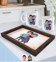 BK Gift Kişiye Özel Sevgililer Karikatürlü Doğal Ahşap Tepsi ve 2’li Kupa Bardak Seti-61