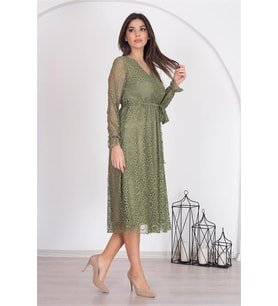 Neşeli butik kadın haki kuşaklı kruvaze yaka astarlı dantel elbise RSSN31