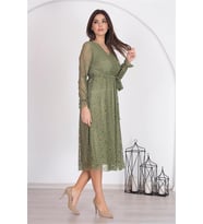 Neşeli butik kadın haki kuşaklı kruvaze yaka astarlı dantel elbise RSSN31