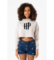 HP Logo Beyaz Kırçıllı Kadın Crop Kapşonlu
