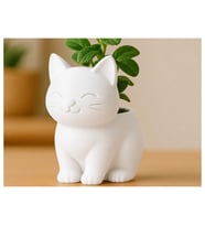Alvera Sevimli Kedi Saksı – 3D Baskı Figürlü Minik Yeşil Saksısı-Beyaz