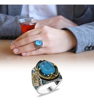 Aqua Paraiba Taşlı Kenarları Kalem İşçilik Detaylı 925 Ayar Gümüş Erkek Yüzük (Çok Renkli)