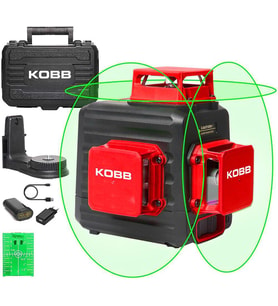KOBB KBL34G 40 Metre Profesyonel Li-ion Şarjlı 3X360° Otomatik Hizalamalı Yeşil Çapraz Çizgi Lazer Distomat (Kırmızı-Siyah)