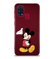 Samsung Galaxy M31 Soft Premier Kapak Mickey Mouse-C Tasarımlı Silikon Kılıf - Mürdüm (Şeffaf)