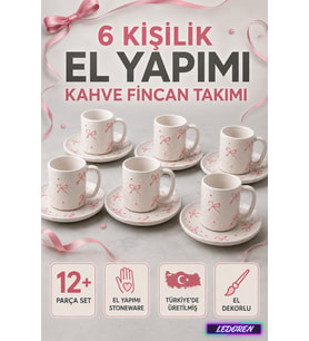 6 Kişilik Seramik Kahve Fincan Takımı Yuvarlak Sunum Tabaklı Porselen Türk Kahvesi Fincan Seti