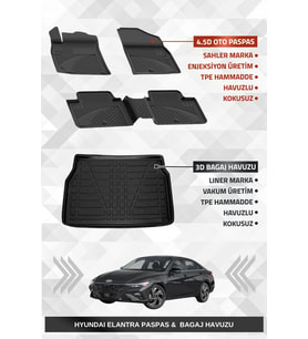 Sahler Hyundai Elantra 2021+ Uyumlu 4.5D Premium Havuzlu Oto Paspas ve Liner Marka 3D Bagaj Havuzu