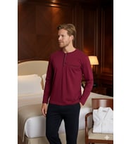 %100 Pamuk Yeni Sezon Midi Yaka Erkek Şık Tasarım Pijama Takımı (Bordo)