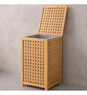 KALIN AHŞAP BAMBU KİRLİ ÇAMAŞIR SEPETİ KUMAŞ ÇANTALI SEPET=40X40X58CM